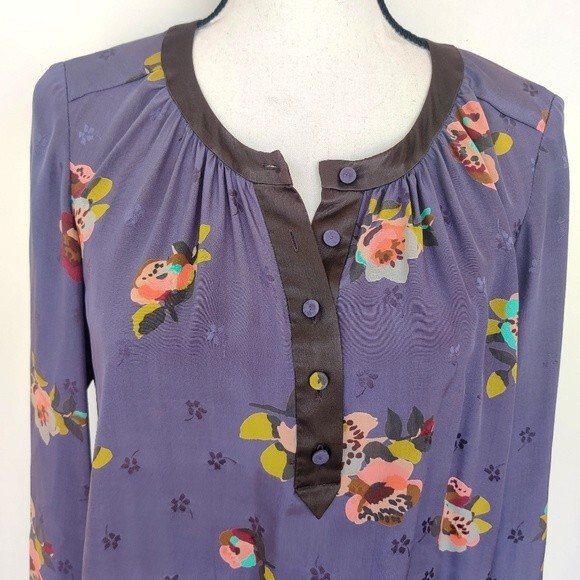 Rebecca Taylor Purple Silk Floral Shirt Long Sleeve Size 10 - Picture 3 of 11